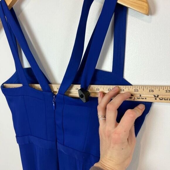 BCBG Maxazria Size 0 Blue Cutout Formal Wear Maxi Dress Gown Ruffled Swifty - Picture 15 of 15